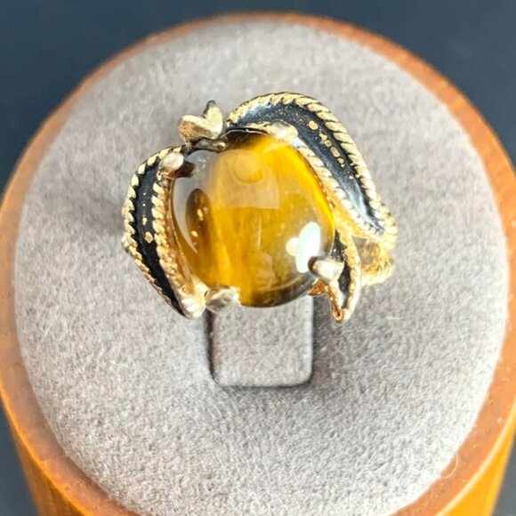 VTG Gold Over Sterling Silver 925 Tiger's Eye Leaf Design Border Ring Size 6.75